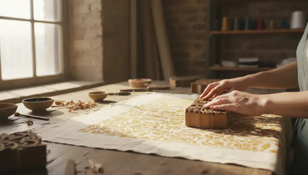 Artisan block printing process on light fabric
