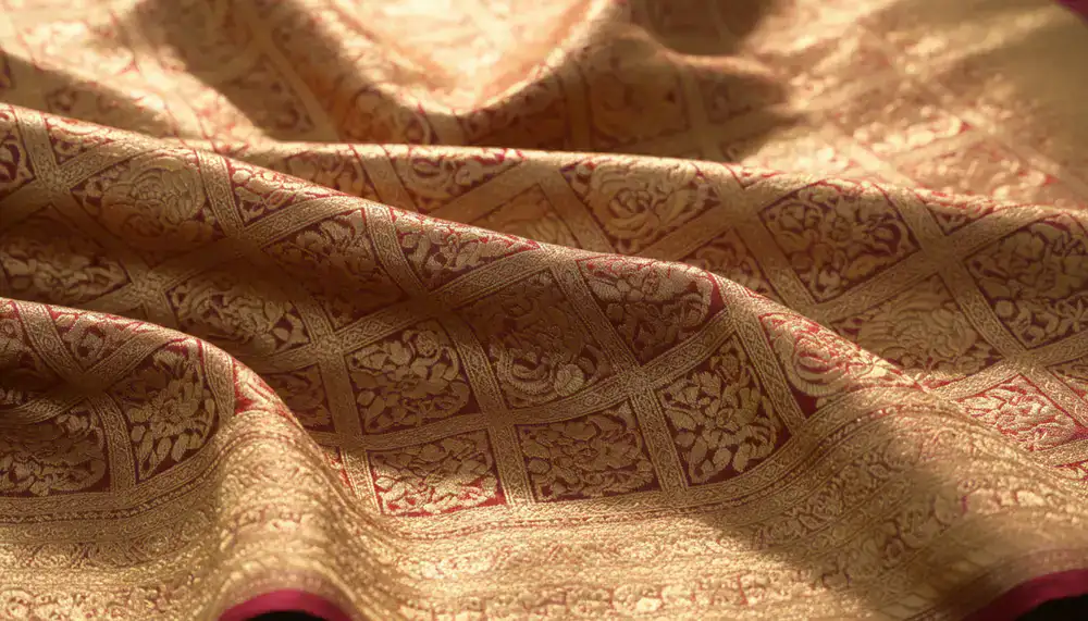 Vibrant, intricately patterned silk fabrics draped elegantly