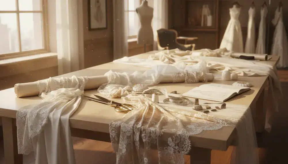 Bridal fabrics arrayed on a design table with tailoring tools